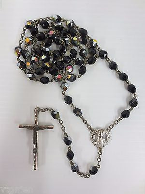 Vintage Rosary Black Glass Multicolored Beads 22", Virgin Mary, Fine Crucifix