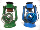 Vintage Kerosene Oil Lanterns Blue and Green 7", Winged Wheel No 350 Japan