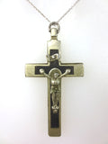 Antique Sterling Silver Priest's Crucifix Pendant 2 1/8" Long, Wood Inlay, 13gr