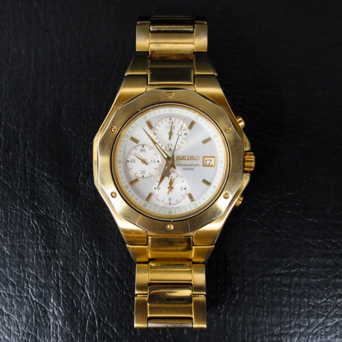 Seiko Chronograph Watch Large 44mm Case 10bar Model 7T92 3 Subdials Gold Tone