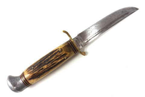 Imperial Brand Solingen Hunting Knife 8 1/2" Germany, Stag Horn, Brass & Leather
