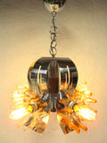 Vintage Mid Century Brutalist Chrome Ceiling Light Chandelier 26", Wood, Glass Flowers