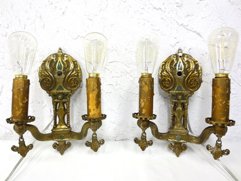 Antique Art Nouveau 1920's Brass Wall Sconce Double Light Holders, Fleur de Lys