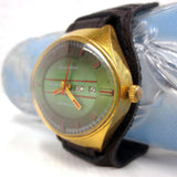 Large Vintage Chaika Automatic 23 Jewels Gold Plated Russian Men's Watch, Day Date, Pilot Leather Band, Wide 43 mm Stadium Case, Green Dial