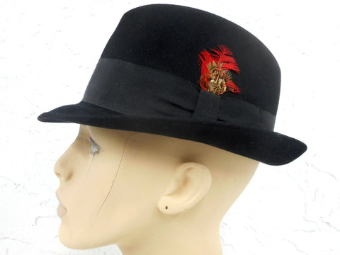Vintage Executive Fedora Black Felt Hat Size 6 3/4 Small, 1 3/4 In Large Ribbon, Leather Sweatband, Red Feathers