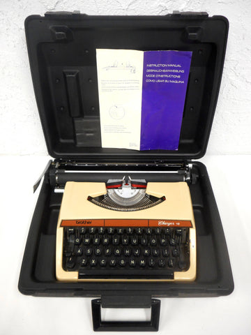 Vintage Brother Charger 12 Portable Typewriter with Instructions, Original Black Case, Nagoya Japan, Brown Beige, Retro Look