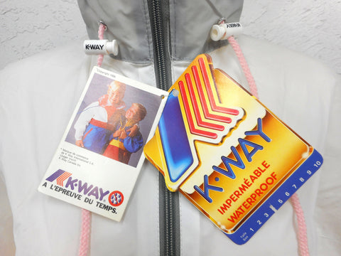 Vintage 1980s K-Way Kway Jacket Windbreaker, Size 3 Girls 10-12 years old, Zip Up Waterproof Raincoat, Pink White Grey, New Old Stock NOS