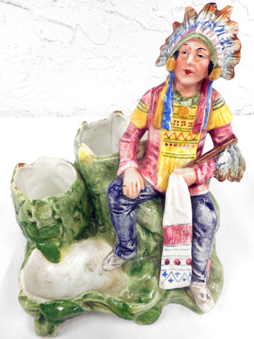 Vintage Native Indian Chief 8" Porcelain Sculpture and Tobacco Pipe Holder, Sitting with Calumet Traditional Pipe, Montreal, Quebec, Canada