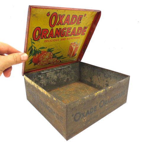Vintage Oxade Orangeade Juice Tin Box Advertising 7" by OXO London England, Double Sided Lid, Orange Drinks, Sachets