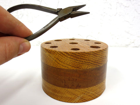 Vintage Jewelers Watchmaker Tools Holder Wood Block 3 1/2" Dia, 9 Tool Spaces, 4" Watch Plier Marked Hugomot-Tissot, Lampert France