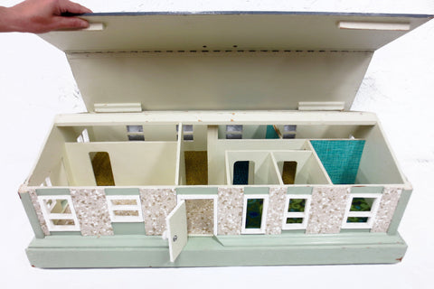 Vintage Handmade Dollhouse 32X17" All Wood, 7 Rooms, 12 Windows, 2 Doors, Wheels, Removable Roof