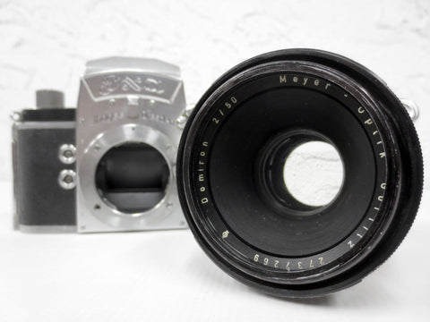 Vintage Meyer-Optik Görlitz Domiron 2/50 Q1 Camera Lens Serial 2737269 and Exa Exakta Jhagee Dresden 35mm Camera