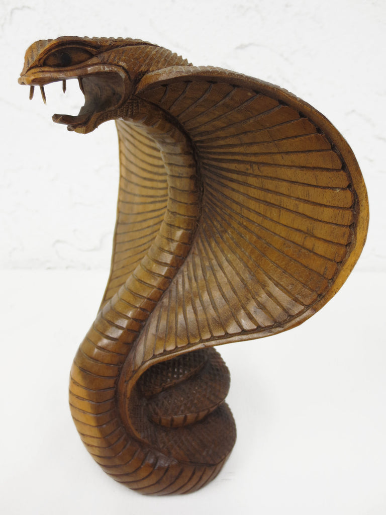 Vintage King Cobra Snake Hand Carved Wood Sculpture 8" Tall, Open Jaws and Neck Ribs, Attack Position