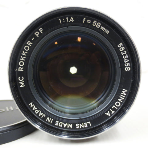 Vintage 1970's Minolta MC Rokkor PF 58mm 1.4 Prime Lens, MC Mount, With Minolta Cover, Serial 5623458