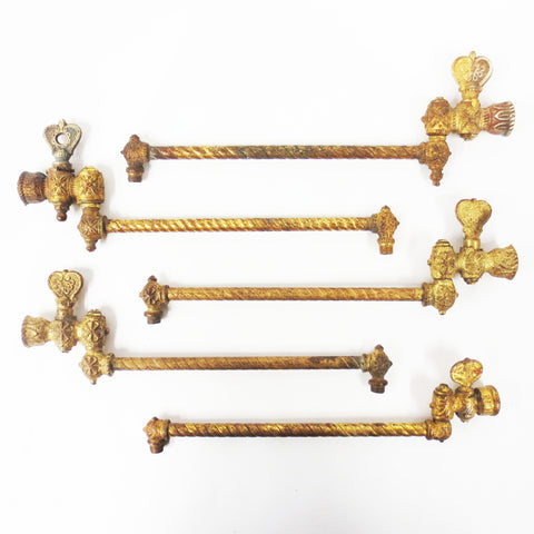 Lot 5 Antique Victorian Brass Gas Wall Lamp Arms w/ Knobs, Sconce, Swivel, Gilt