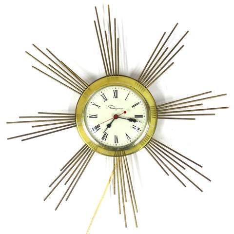 Mid Century Modern Sunburst Starburst Atomic Wall Clock Signed Ingraham 19" dia.